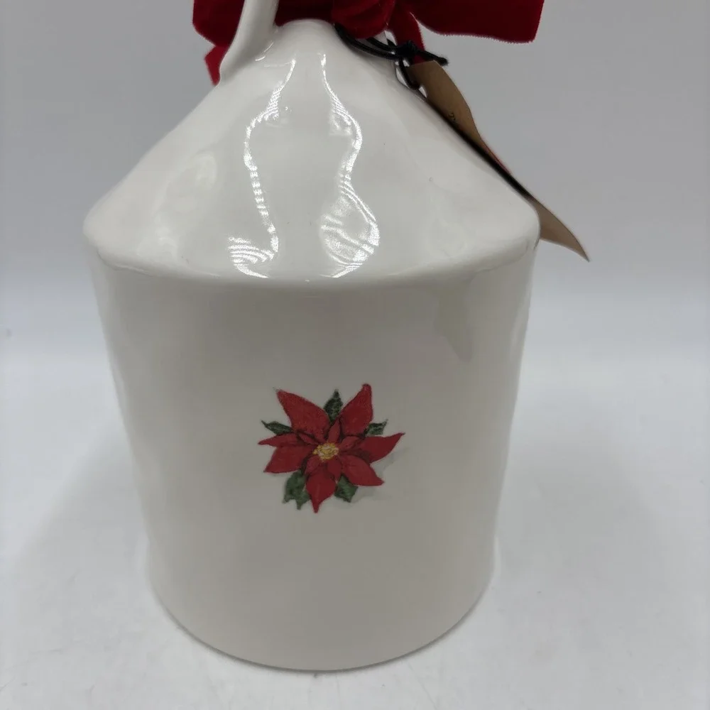 Rae Dunn Christmas Round Birdhouse HOME Red Ribbon Poinsettia On Back